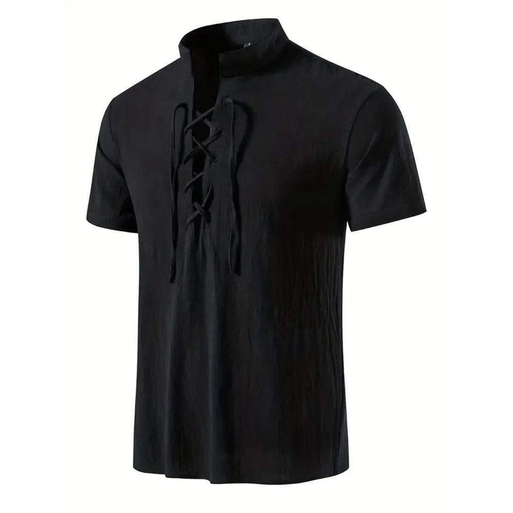 Chemise rétro à manches courtes pour hommes, en coton et lin, légère, respirante, couleur unie, haut