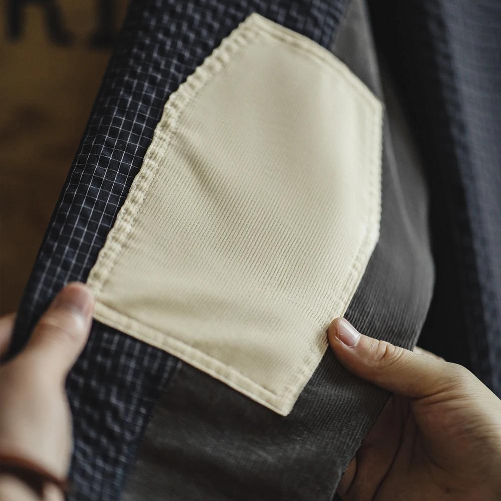 Maden-Chemise à carreaux rétro Seersucker pour homme, manches longues, revers texturé, épissage, con