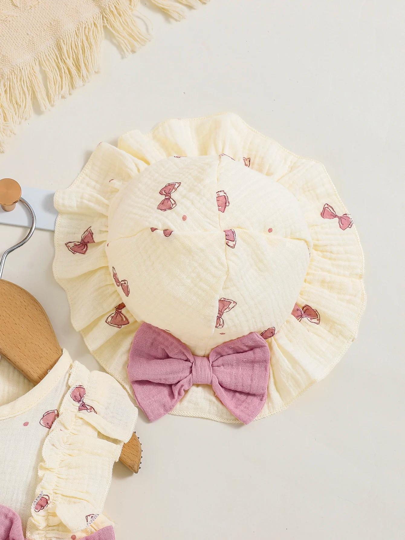 Robe bébé fille 0-9 mois 2 pièces avec chapeau - Imprimé nœud col rond volants nouveau-né