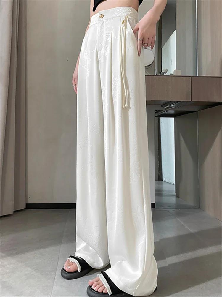 Nouveau Style chinois Jacquard jambe large Satin pantalon pour femmes élégant solide bureau dame déc