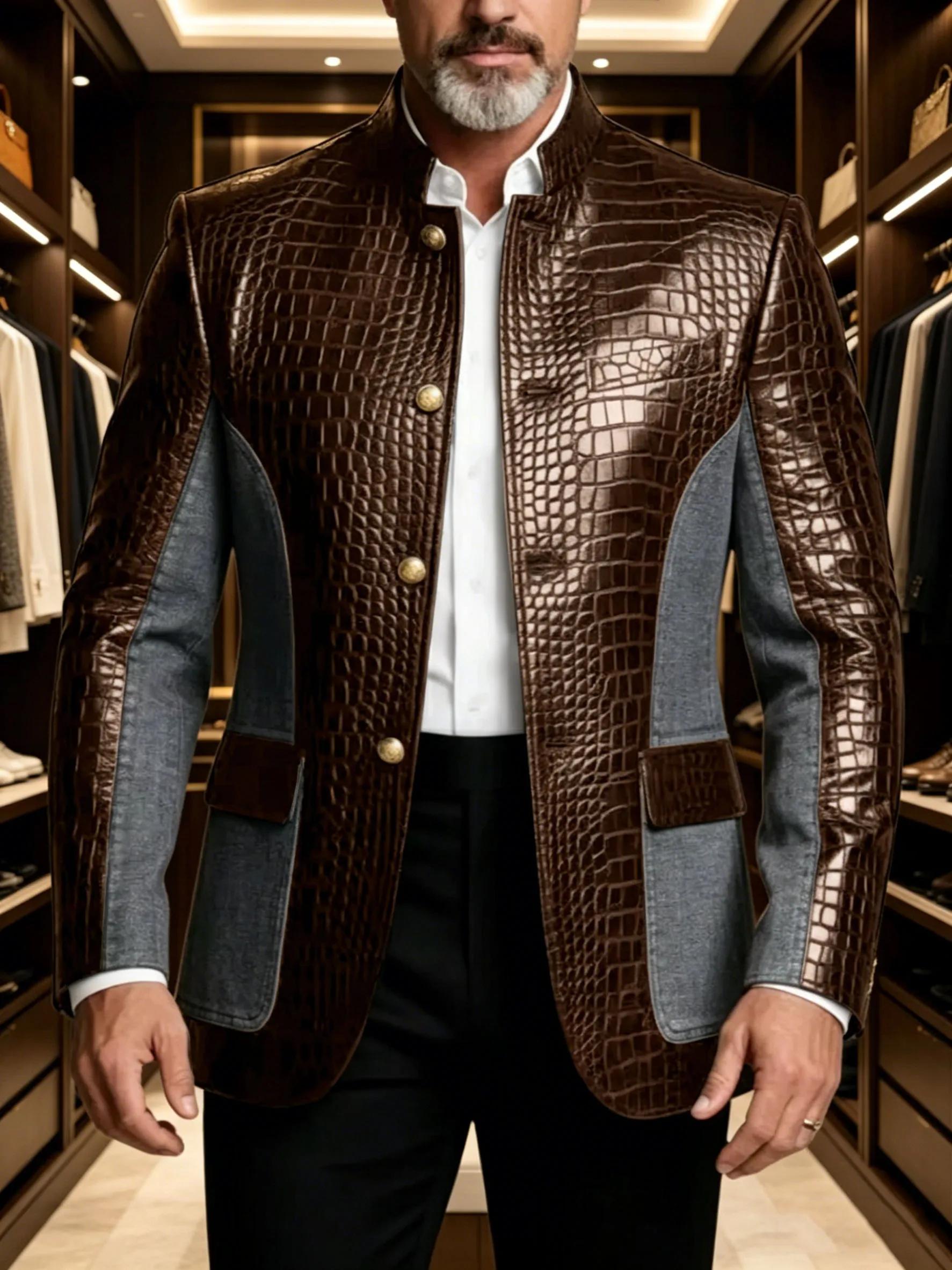 Blazer en cuir PU de luxe marron pour homme, effet croco, patchwork denim, col montant, coupe ajusté