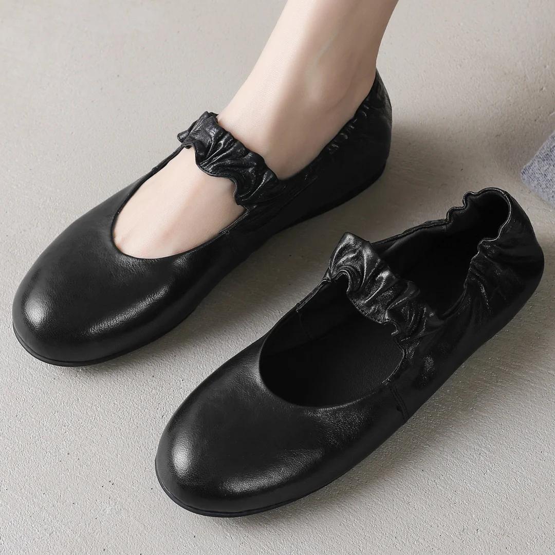 Ballerines à enfiler à bande étroite élastique en peau de mouton pour femmes, bout rond, ballerines 