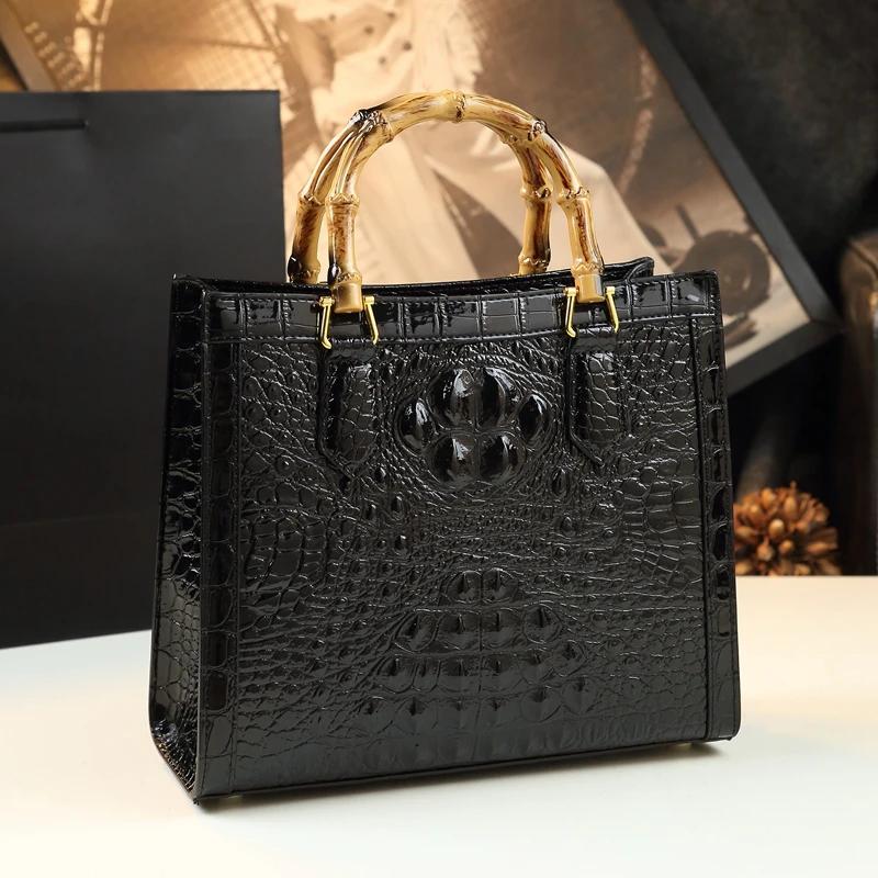 Sacs à main en cuir motif Crocodile pour femmes, fourre-tout Portable à poignée supérieure en bambou