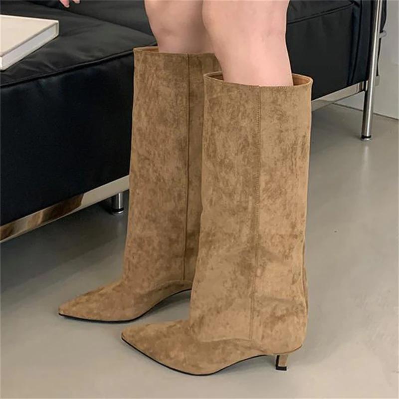 Automne hiver Style De rue bout pointu bottes hautes femmes talons bas chaussures femme chaussons lo