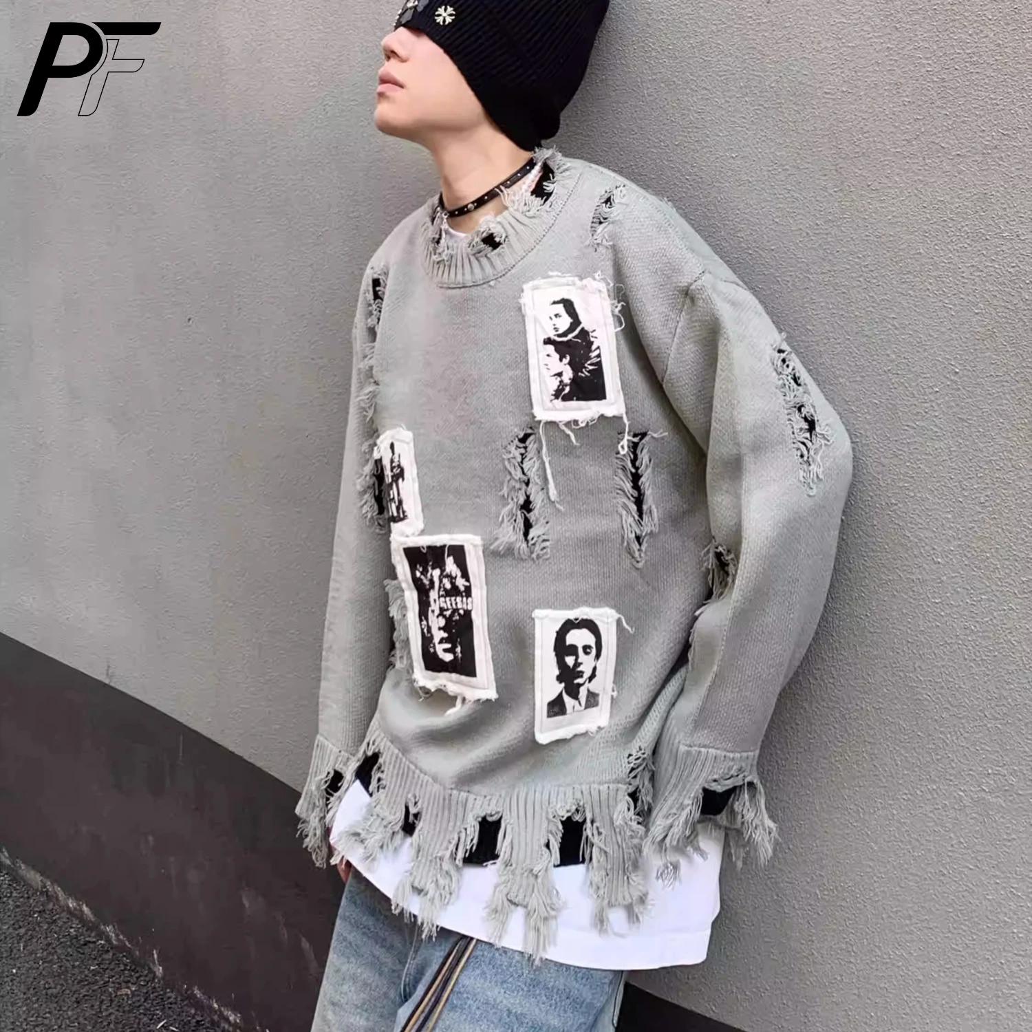 Pull col rond déchiré style rétro américain avec patch portrait, coupe ample, manches longues, décon