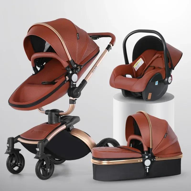 Poussette bébé 3 en 1, landau bidirectionnel de paysage haut, en cuir PU, pliable, absorbant les cho