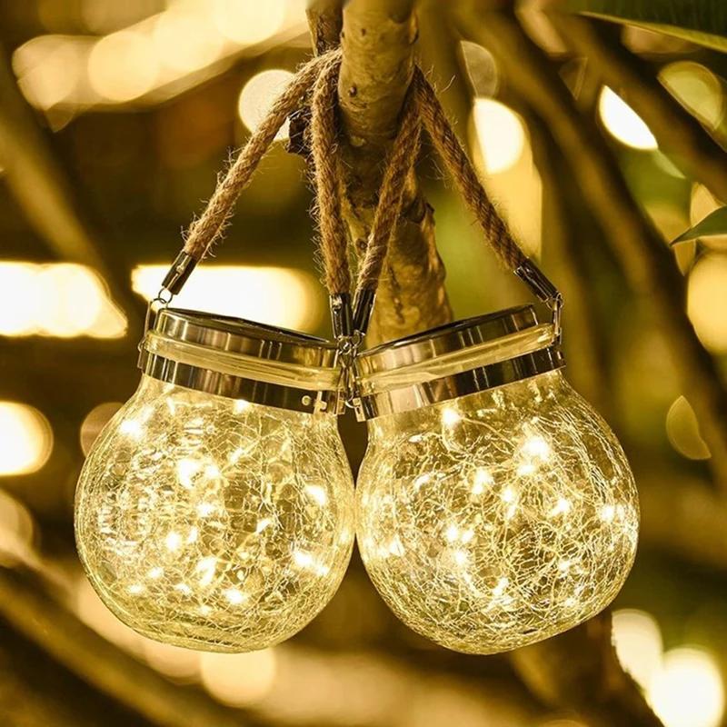 Lampe solaire en pot de verre fissuré, étanche IP65, 30led, blanc chaud et coloré, guirlande lumineu