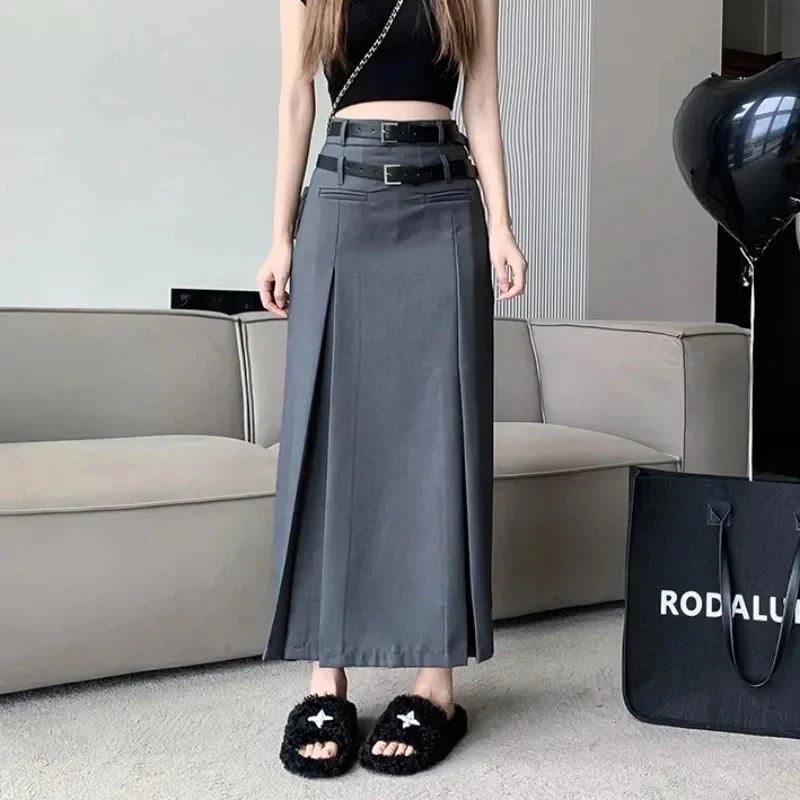 Jupe Midi à Double ceinture pour femmes, mode coréenne, taille haute, décontractée, assortie avec to