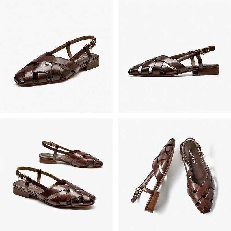 BEAUTODAY – sandales gladiateur en cuir de vache pour femmes, chaussures plates d'extérieur à bout p