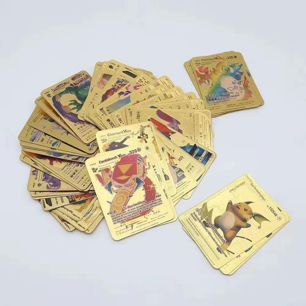 Cartes Pokemon 10-55 pièces, lettres dorées en feuille d'or, anglais, espagnol, français, allemand, 