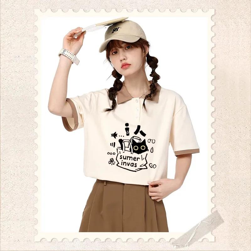 Polo ample japonais à manches courtes, T-shirt tendance, doux et mignon, imprimé de dessin animé, ét