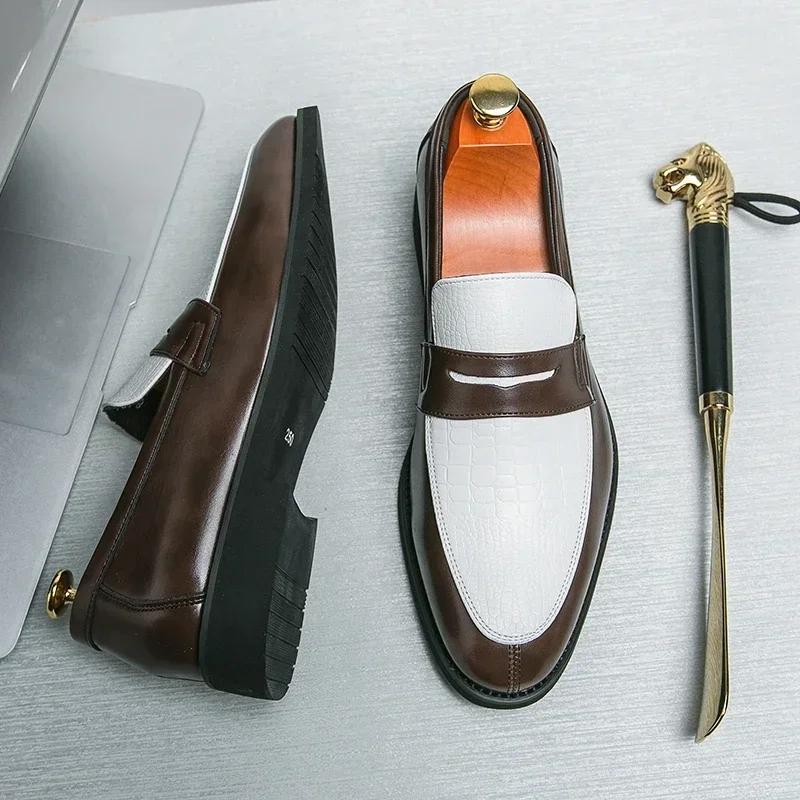 Mocassins de fête pour hommes, couleurs mélangées, chaussures d'affaires en cuir noir et blanc, prod