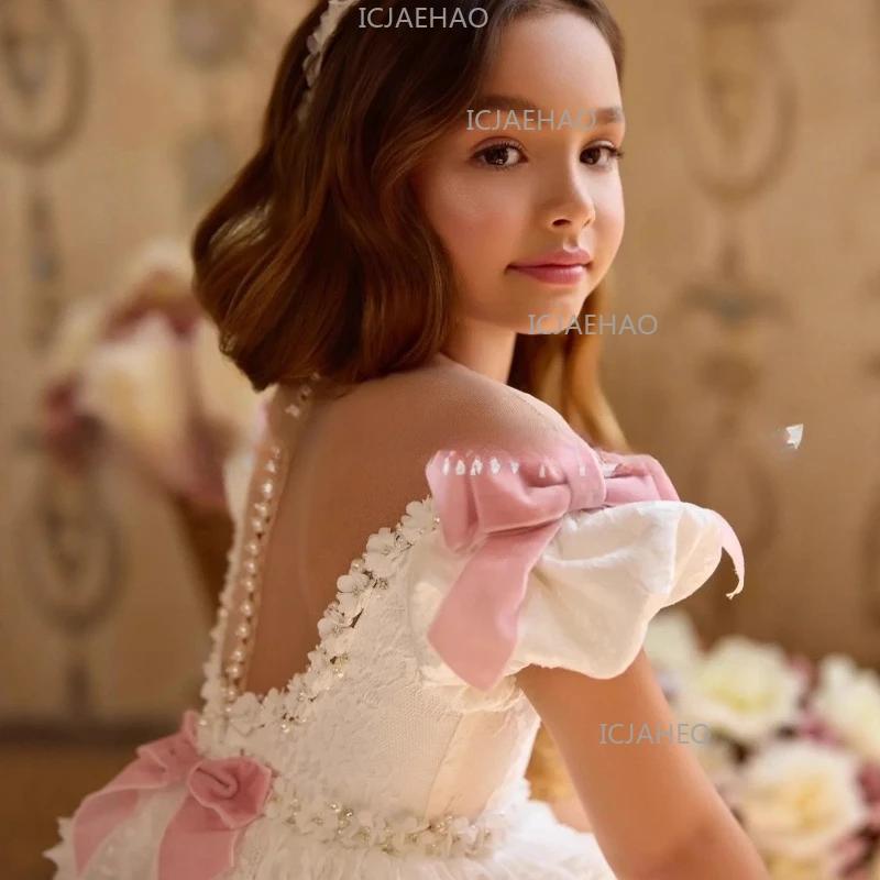 Robe de cérémonie blanche pour filles, avec nœud rouge et dentelle, idéale pour demoiselle d'honneur