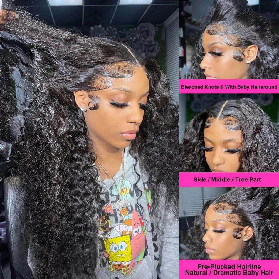 Perruque Full Lace Wig 360 naturelle bouclée, cheveux humains, Deep Water Wave, 13x4, 34 32 30 pouce