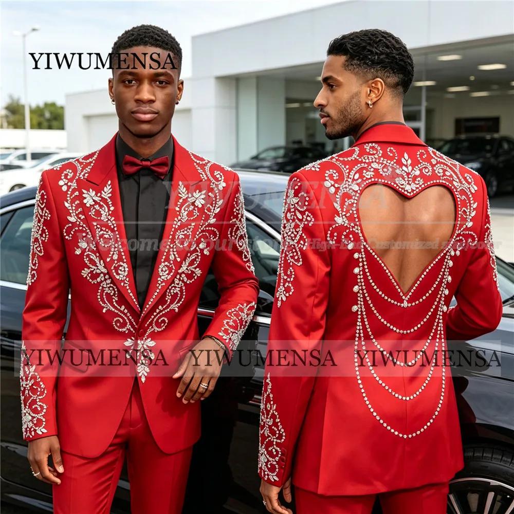 Costume de mariage rouge exclusif pour le marié, blazer dos nu orné de perles et de strass, ensemble