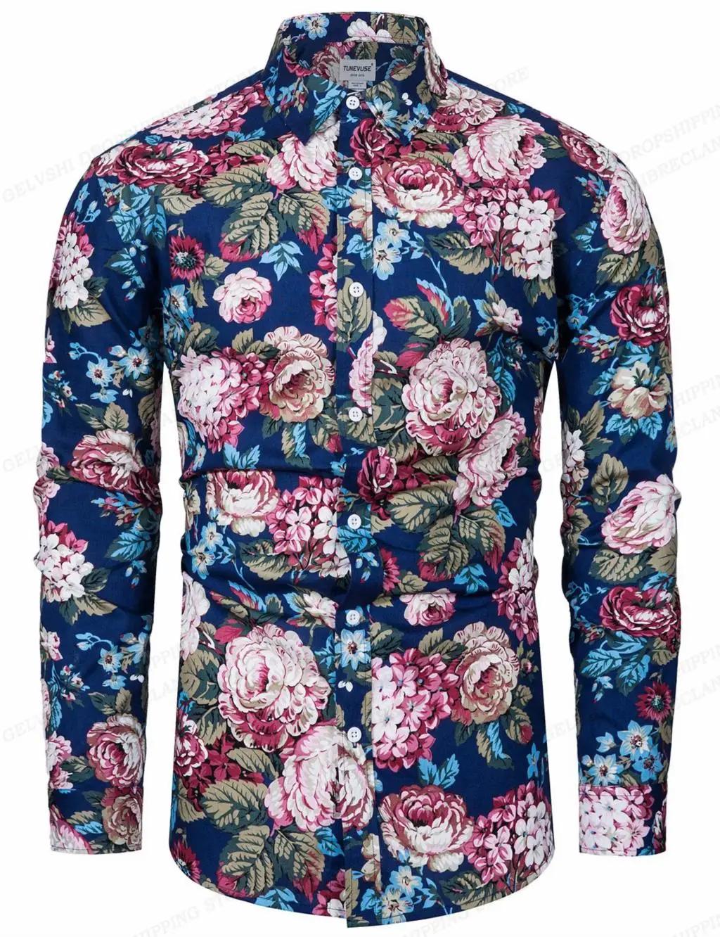 Chemise à fleurs hawaïenne à manches longues pour hommes, chemisier de plage à la mode, vêtements po