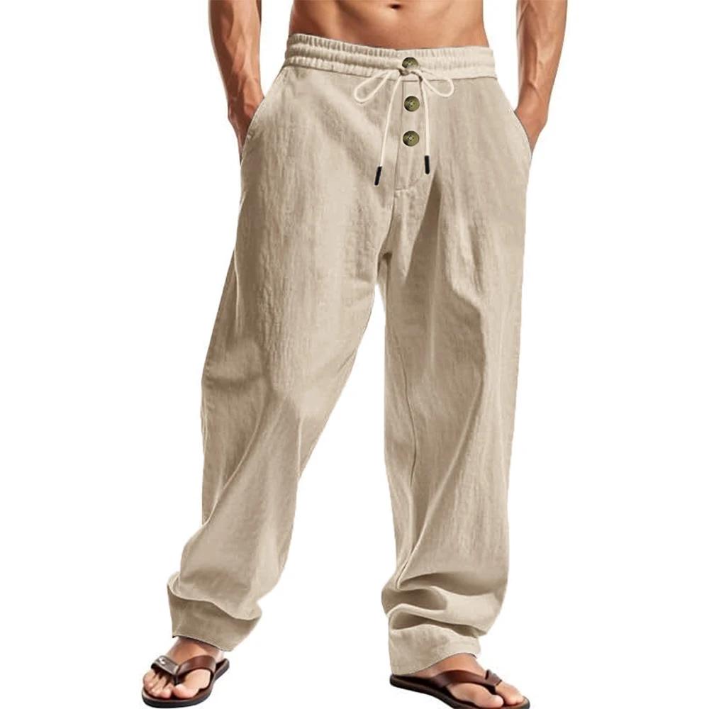 Pantalon respirant décontracté pour hommes, couleur unie, taille élastique, boutons, ample, Fitness,