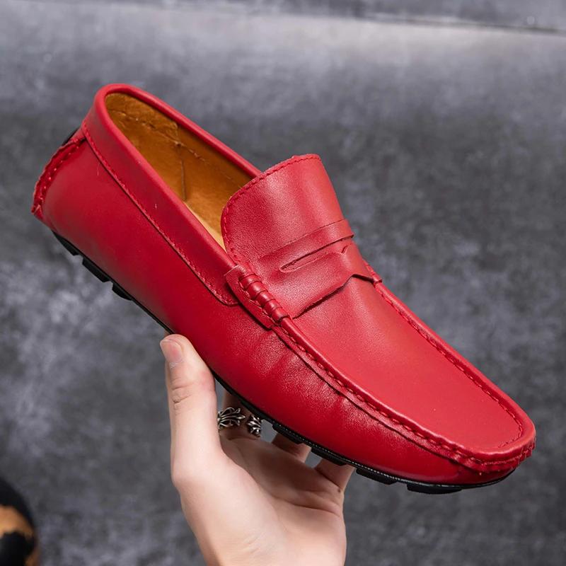 Mocassins rouges en cuir véritable pour hommes, chaussures décontractées à enfiler, cuir naturel, cr