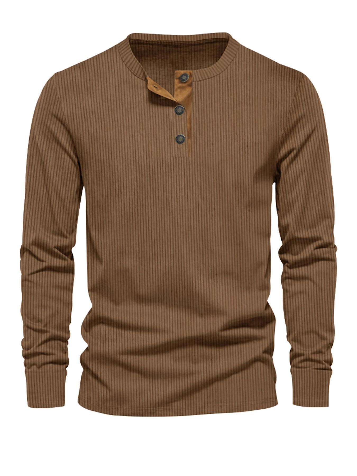 Nouveau T-shirt décontracté en velours côtelé pour homme, coupe slim, couleur unie, manches longues,