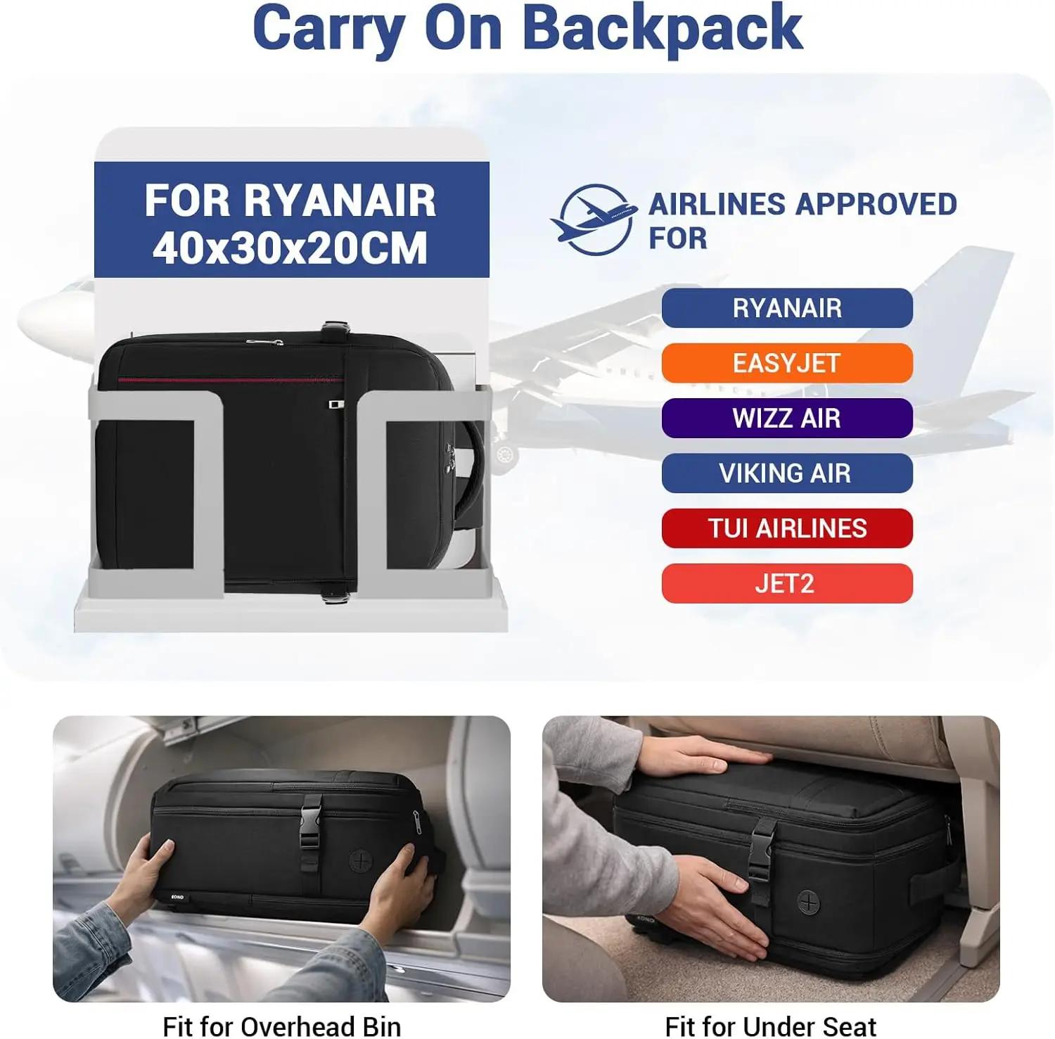 Sac à dos KONO compatible Ryanair, bagage à main 40×30×20cm, imperméable, léger avec compartiment po