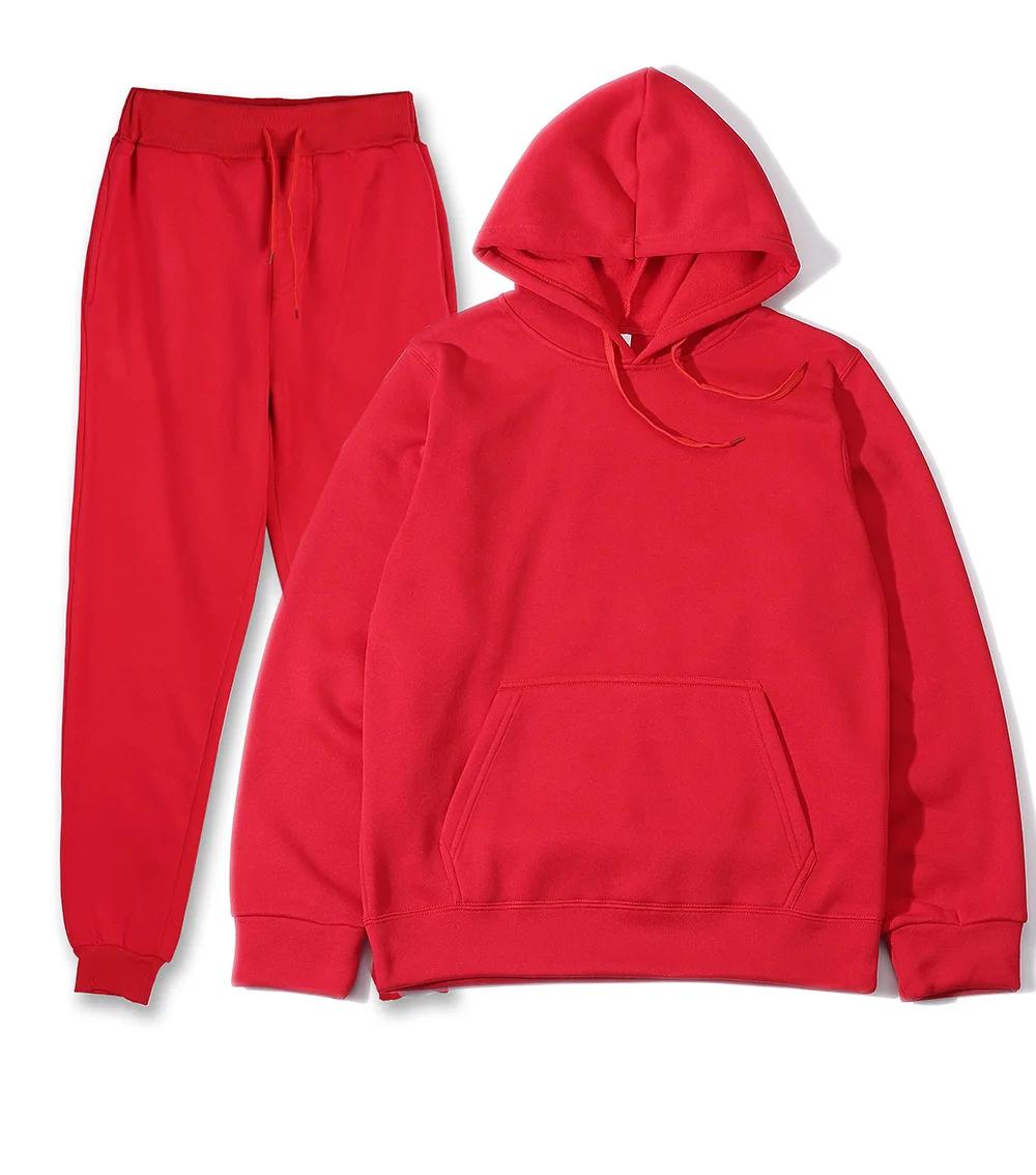 Homme automne et hiver nouvelle couleur unie sweat à capuche + pantalon deux pièces ensemble à la mo