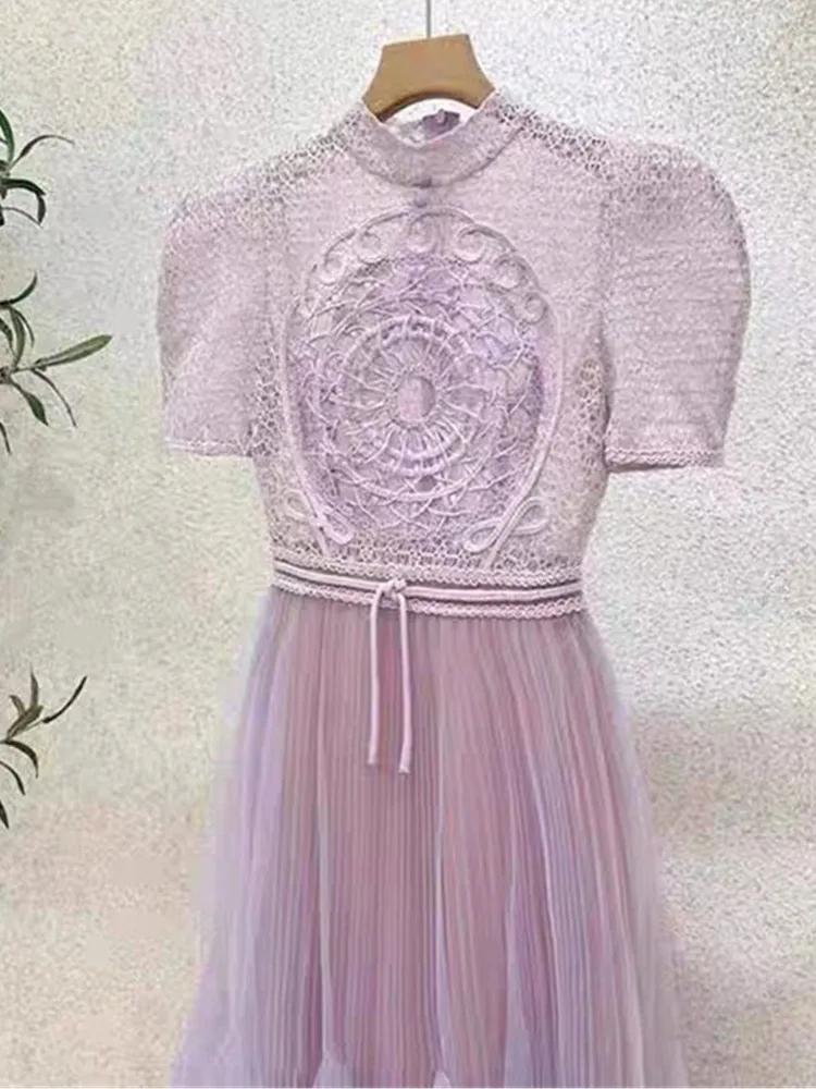 SMTHMA-Robe longue en maille brodée pour femme, col rond, manches courtes, patchwork, robes élégante