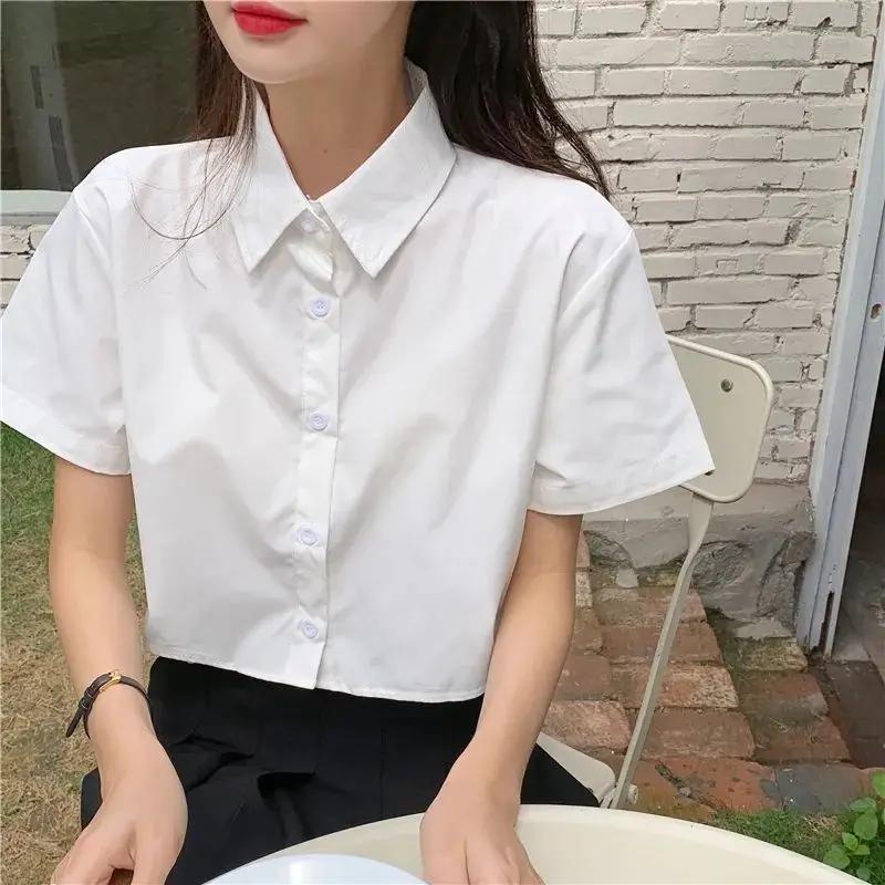 Chemise blanche courte surdimensionnée pour femmes, manches courtes, col Polo, boutonnée, chemises c