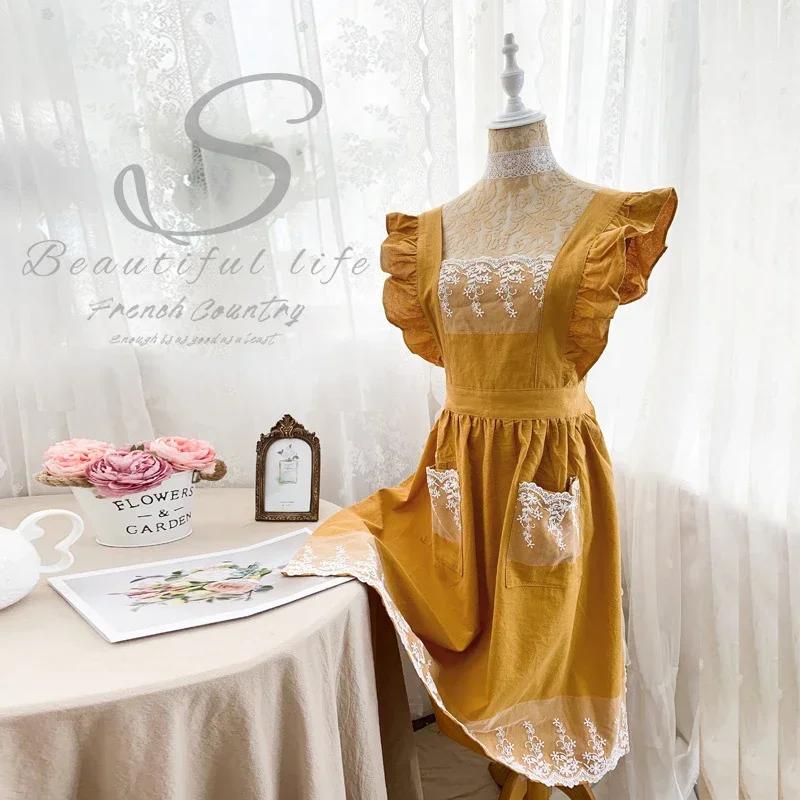 Femmes femmes tablier coton lin tabliers robe jardin café cuisine fleuriste palais Style Vintage mod