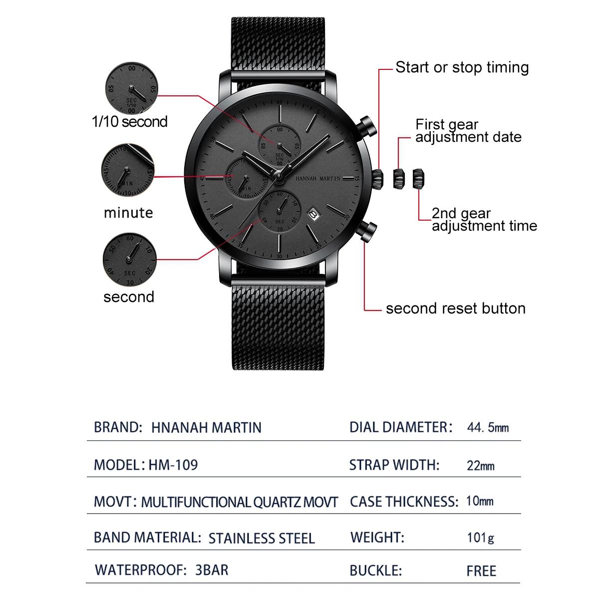 HANNAH MARTIN marque haut hommes montre noir en acier inoxydable mode étanche sport multifonctionnel