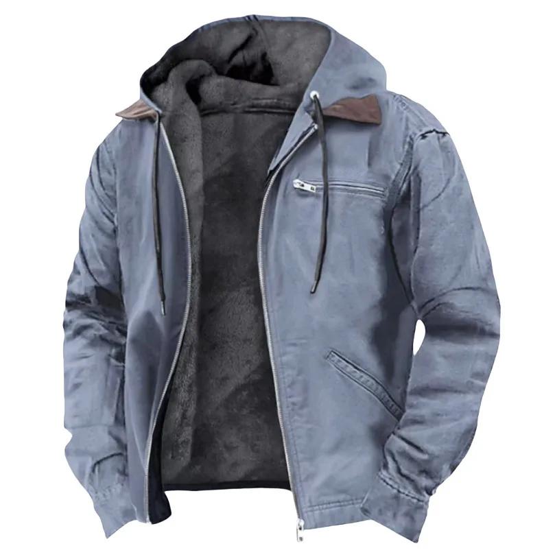 Veste d'hiver en peluche pour homme, style vintage, couleur unie, avec fermeture éclair, capuche, ma