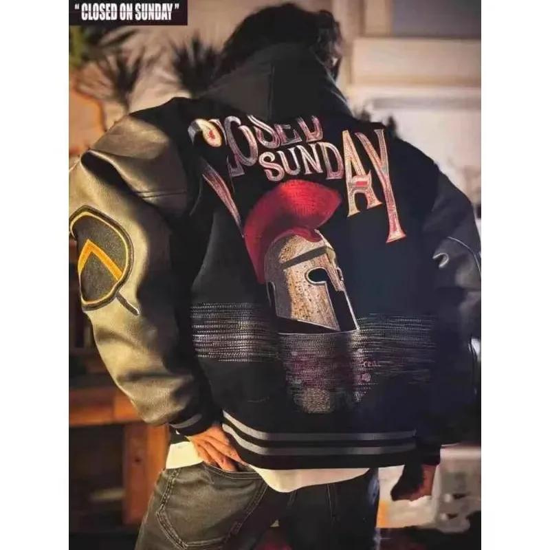Veste de baseball streetwear pour homme avec manches en cuir PU et broderies, idéale pour le printem