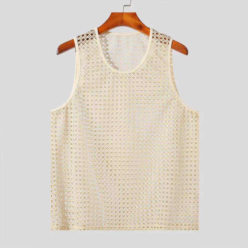 Nouveau Style américain mode hommes hauts vacances populaires évider maille gilets Sexy décontracté 