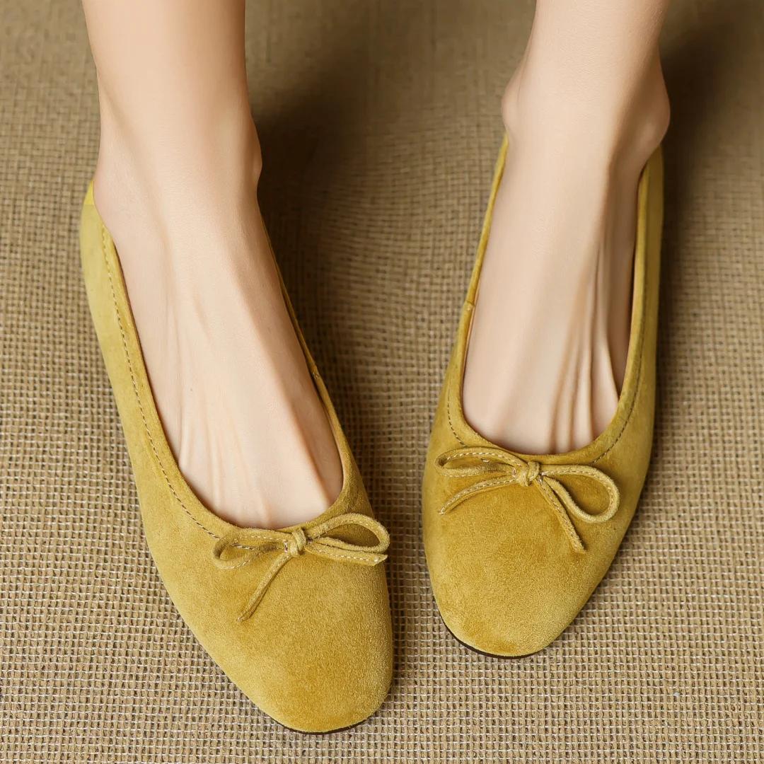 Grande taille 34-43 femmes en daim naturel cuir doux noeud papillon bout rond sans lacet ballerines 