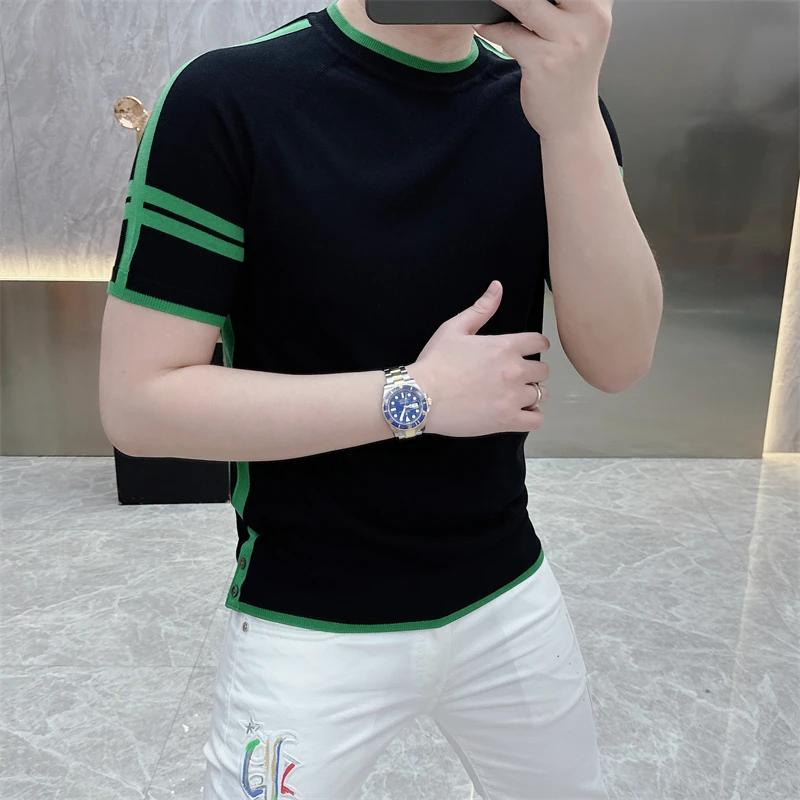 T-shirt d'été à rayures pour hommes T-shirt à col rond à manches courtes Ice InjShort T-shirt Slim F