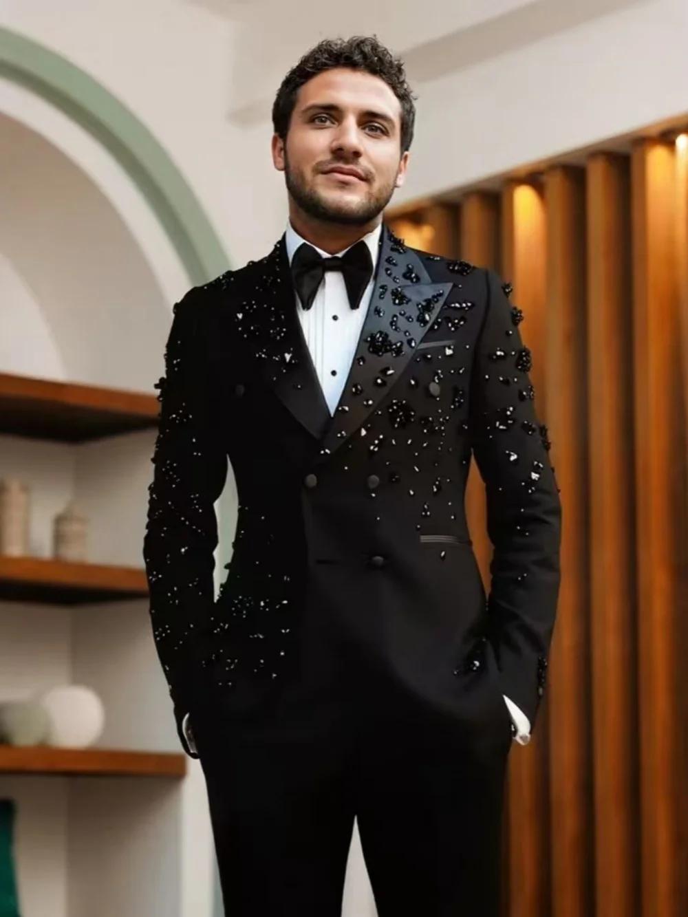 Costume Homme Noir Opulent en Cristal 2 Pièces – Ensemble Mariage et Cérémonie Grande Taille – Coupe