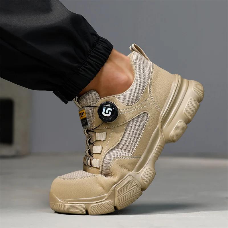 Chaussures de travail à bouton rotatif pour hommes, baskets de sécurité respirantes, bottes légères 
