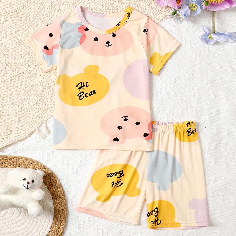 Costume été 2 pièces enfant imprimé dinosaure Joker confortable fille manches courtes rose