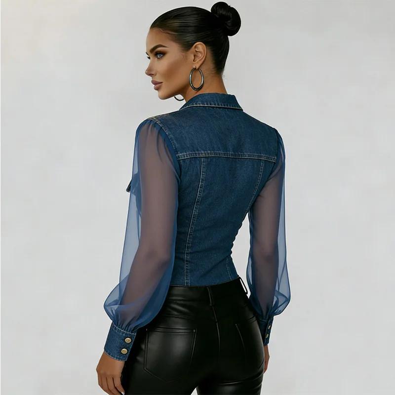 Chemisier vintage en jean et maille transparente pour femme, à manches longues, boutonné, col à reve