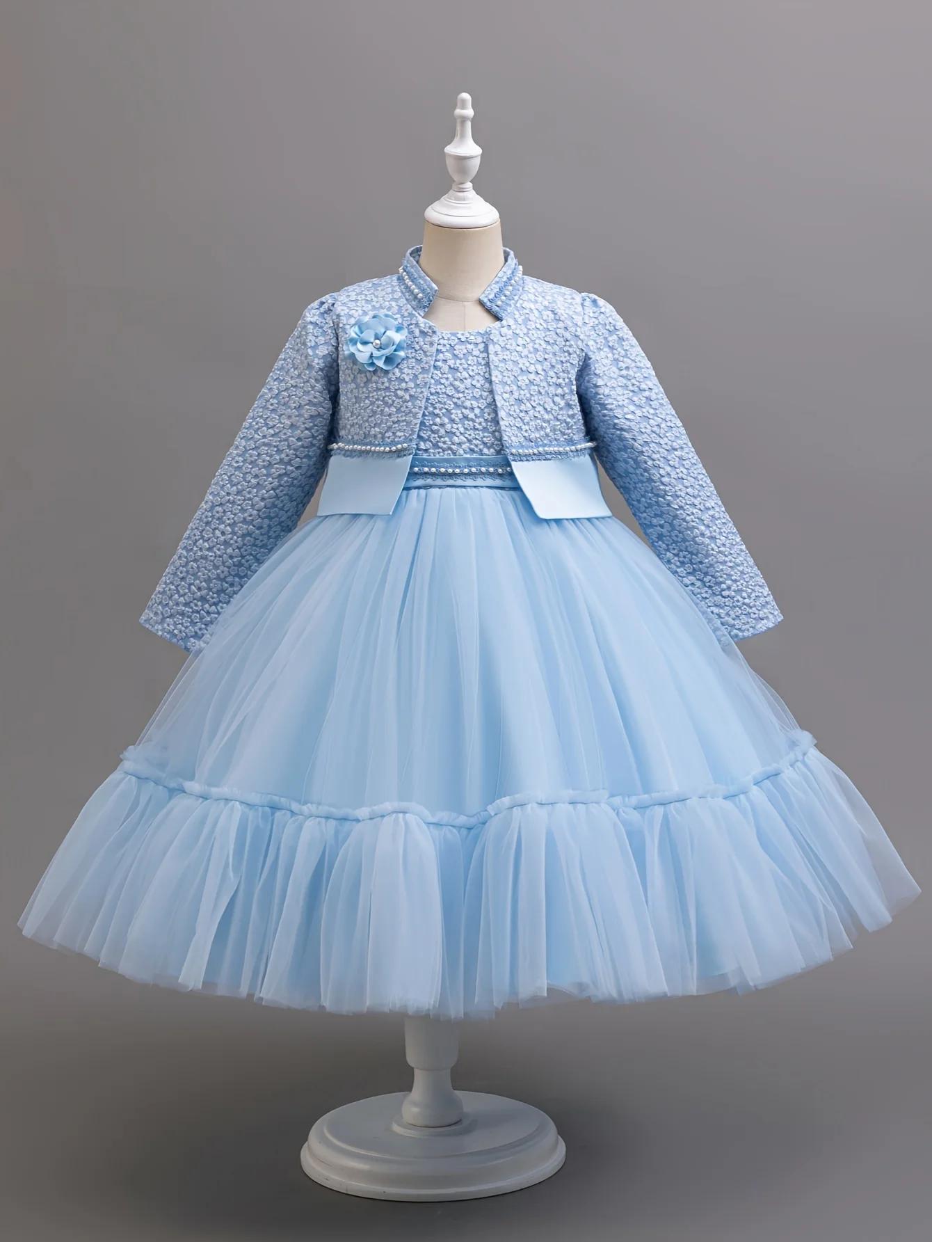 Ensemble de robe en dentelle de Lotus kaki pour filles, vêtements de princesse mignons et manteau, à