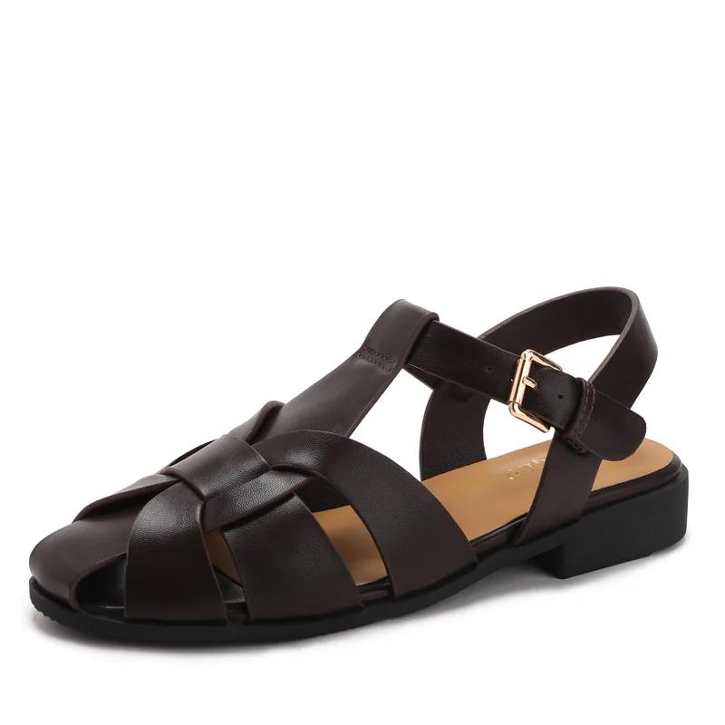 Sandales de pêcheur à bout fermé pour femmes, sangle tressée avec boucle, talon bas carré, chaussure