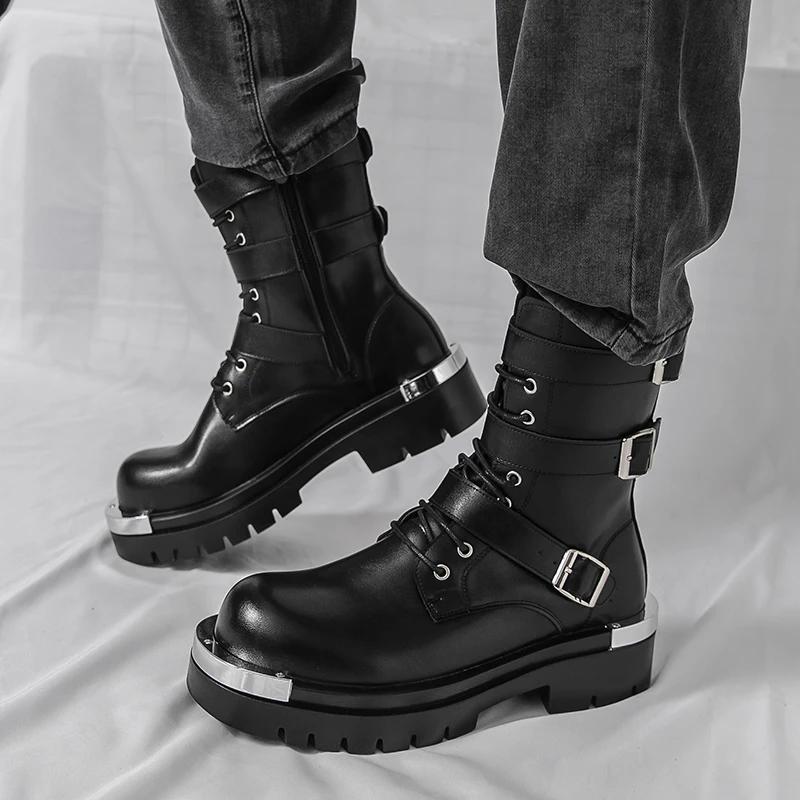 Bottes Chelsea pour hommes, couleur unie, semelle épaisse, hauteur augmentant, haut en métal, gros o