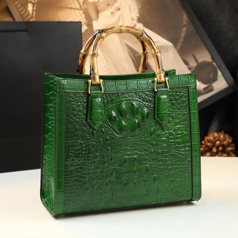 Sacs à main en cuir motif Crocodile pour femmes, fourre-tout Portable à poignée supérieure en bambou