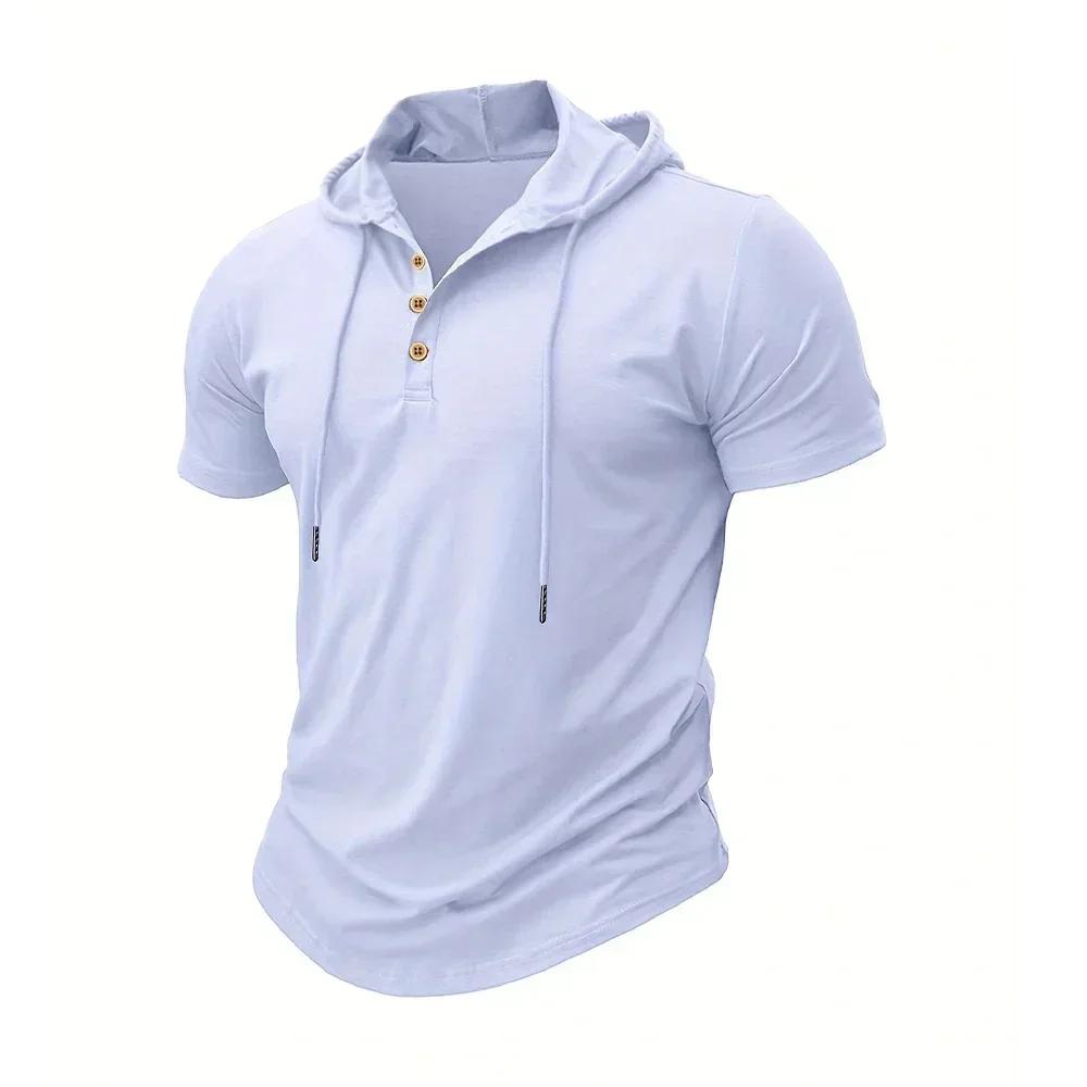 T-shirt à capuche pour hommes, Slim, Fitness, manches courtes, léger, Fitness, respirant, hauts de s