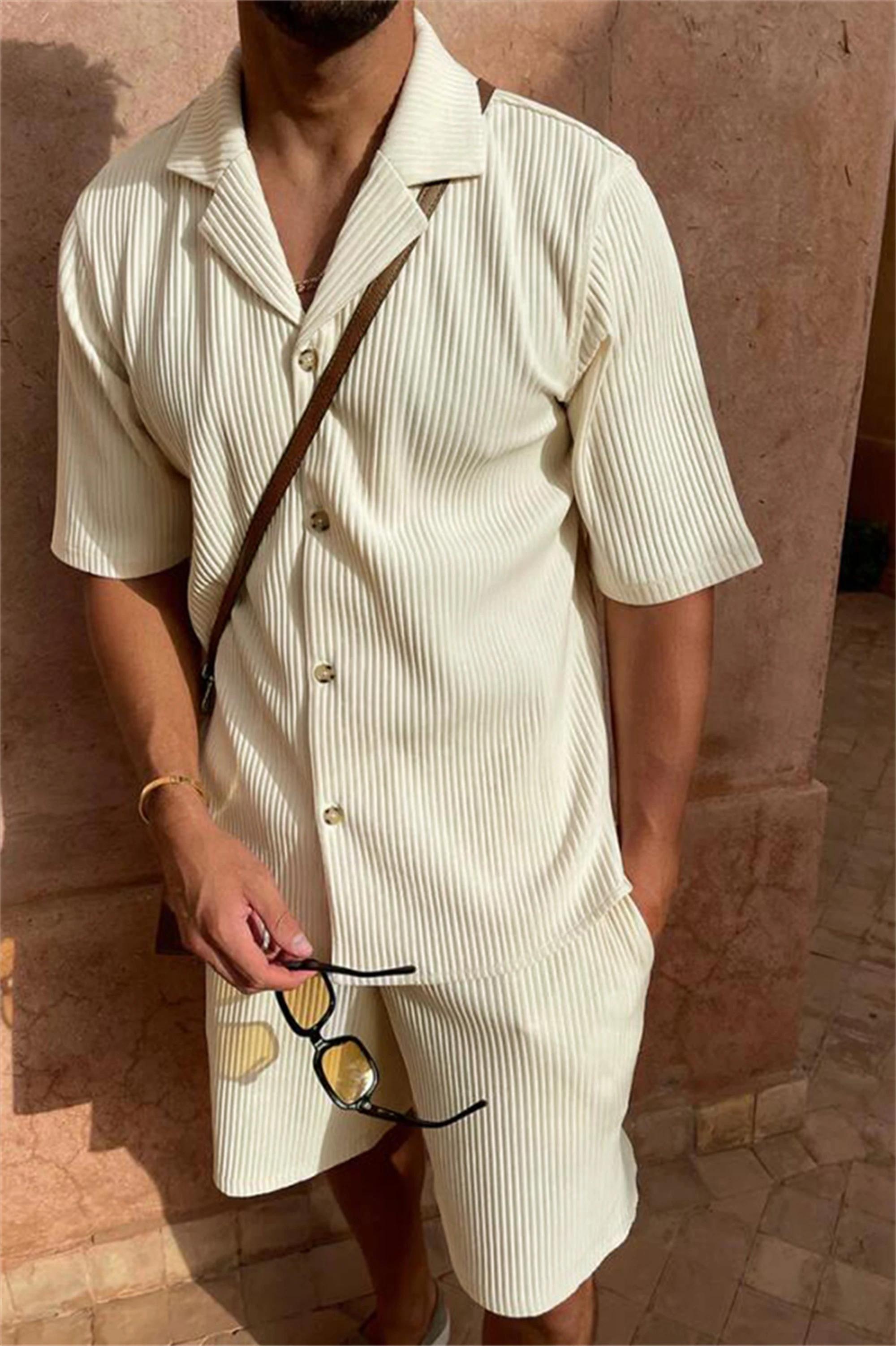 Costume printemps/été en velours côtelé de couleur unie, chemise à manches courtes et short extensib