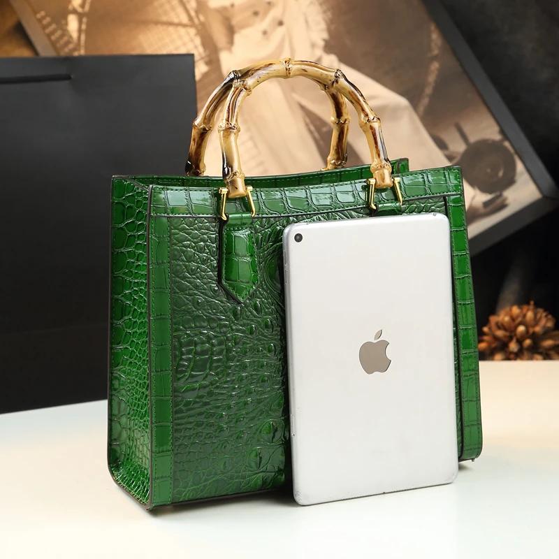 Sacs à main en cuir motif Crocodile pour femmes, fourre-tout Portable à poignée supérieure en bambou