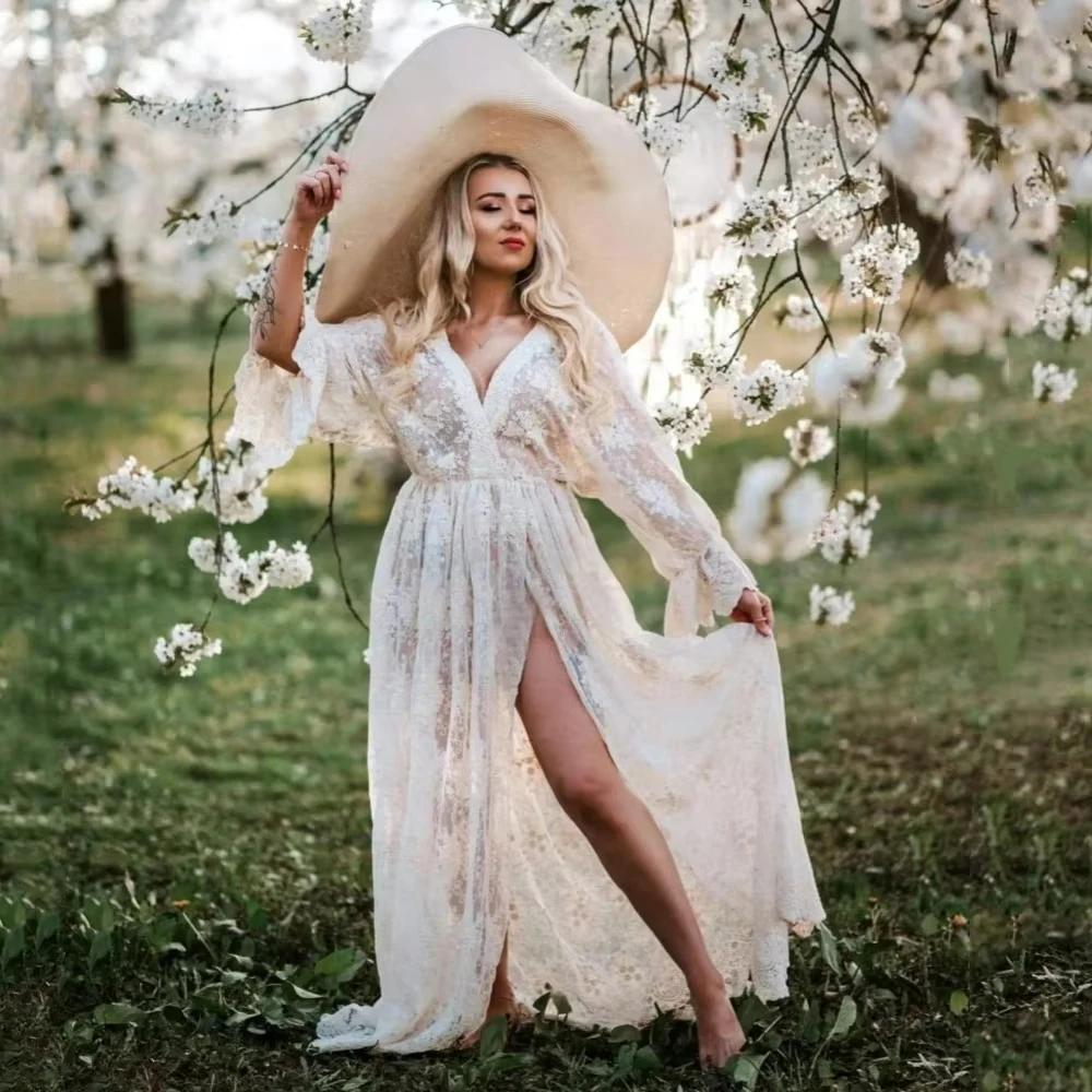 Robes de séance photo de maternité, col en v, dentelle brodée en coton, maille transparente, fente h