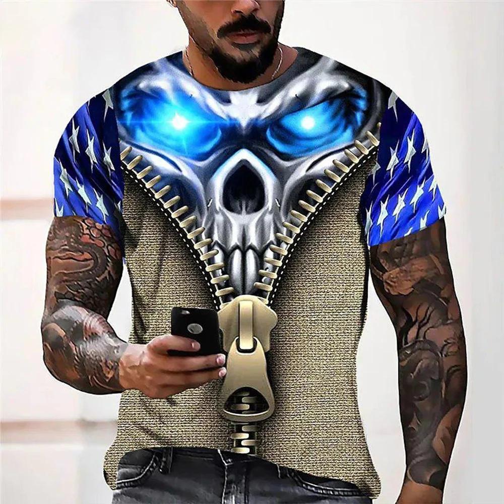 T-shirt imprimé tête de mort 3D rétro, hip hop, personnalité, super cool, horreur, décontracté, mode