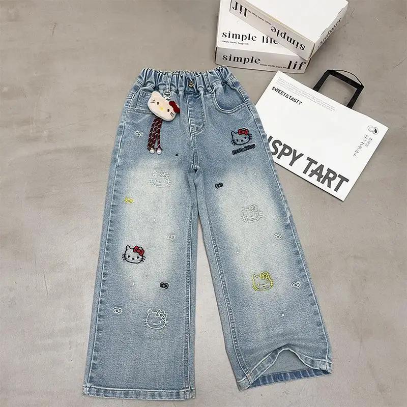 Jeans à jambes larges pour filles, printemps-automne, taille haute, pantalon long, vêtements pour en
