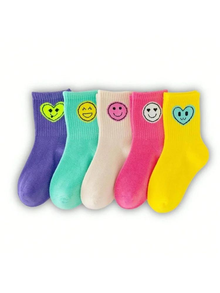 5 paires de nouvelles chaussettes pour enfants quatre saisons avec expressions de visages souriants 