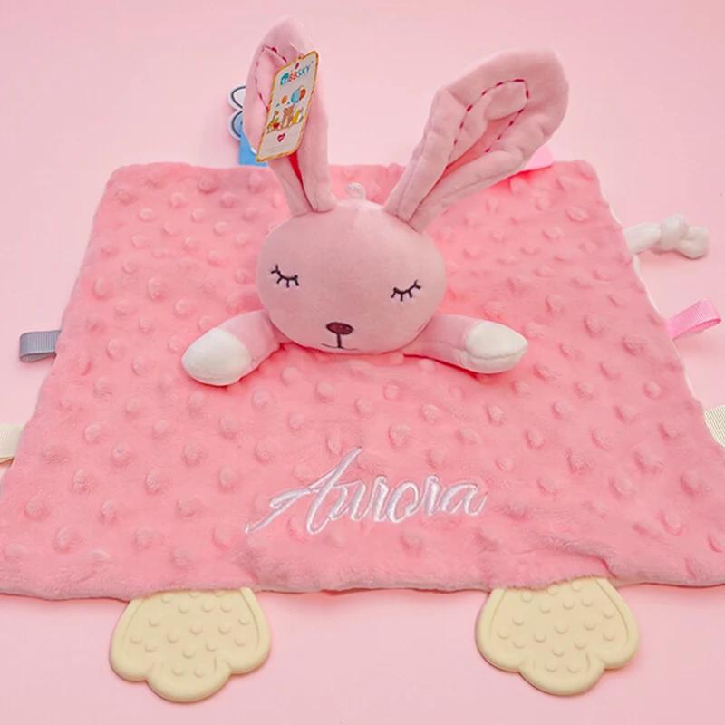 Doudou personnalisé pour bébé en forme de lapin avec hochet en silicone, personnalisable avec le nom
